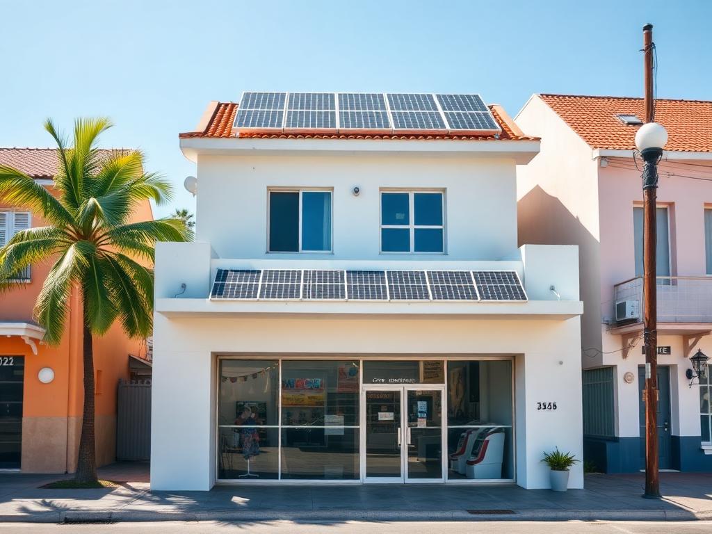 Comércio no litoral com painéis solares instalados