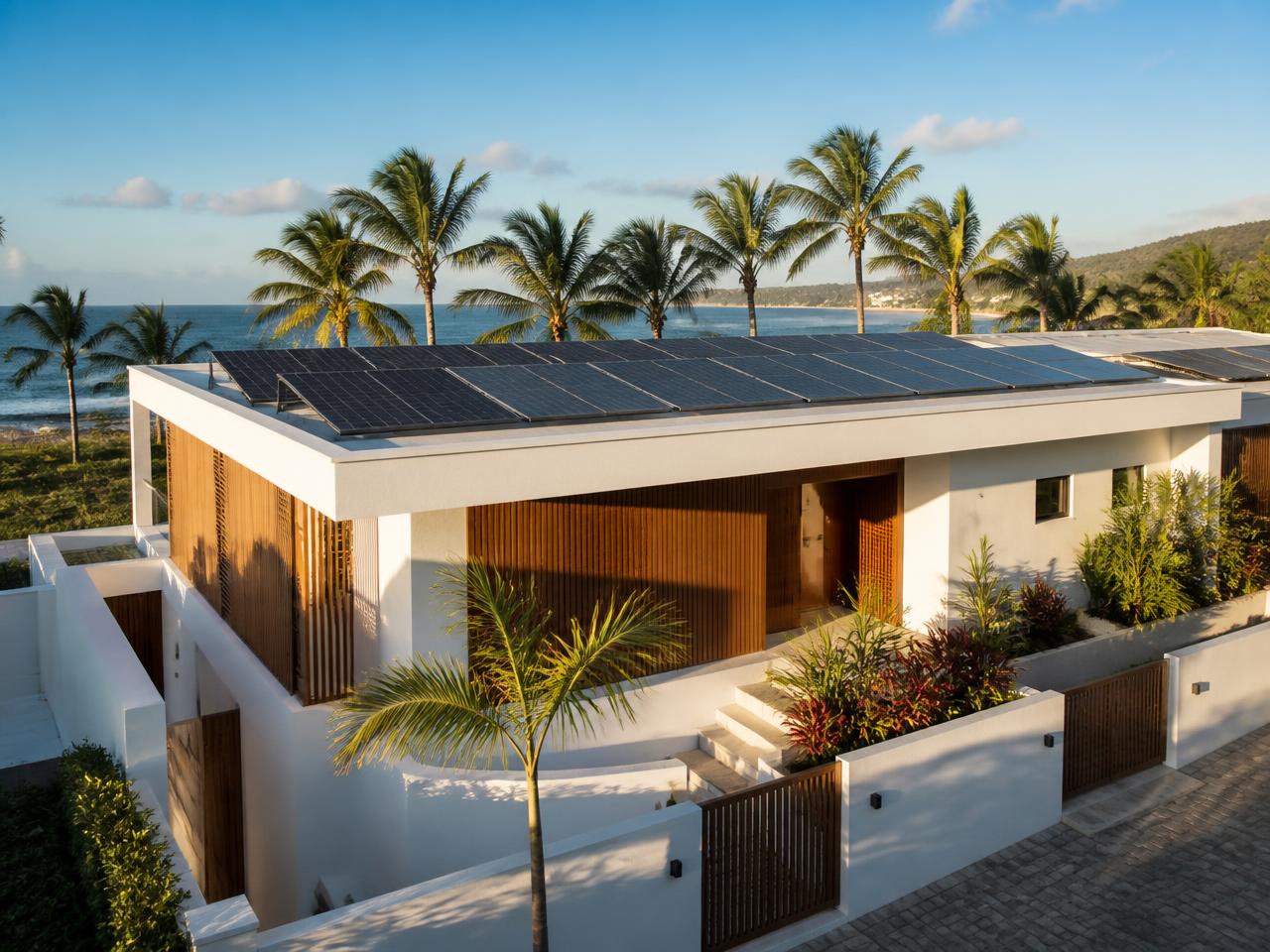 Casa moderna no litoral com sistema de energia solar instalado no telhado