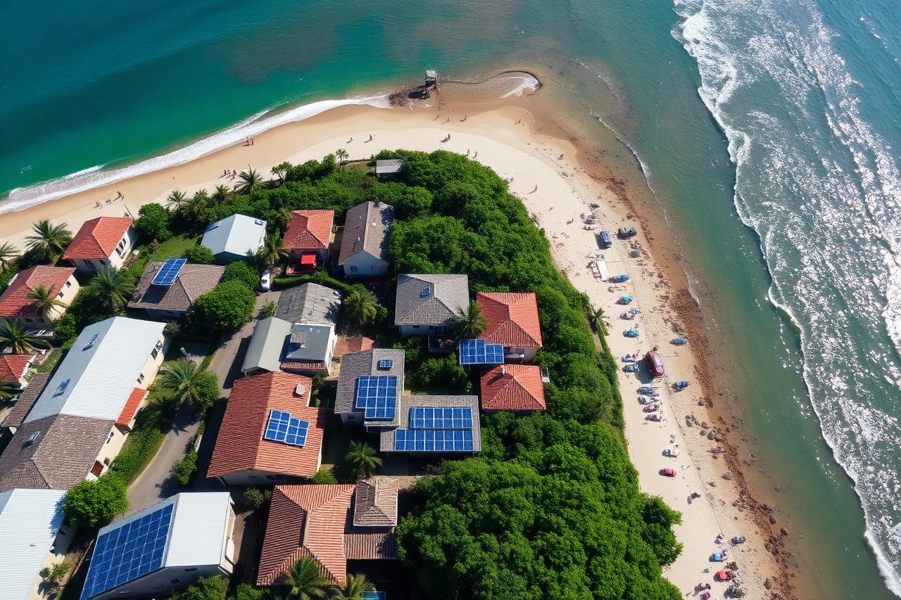 Vista aérea de bairro no litoral com telhados equipados com painéis solares