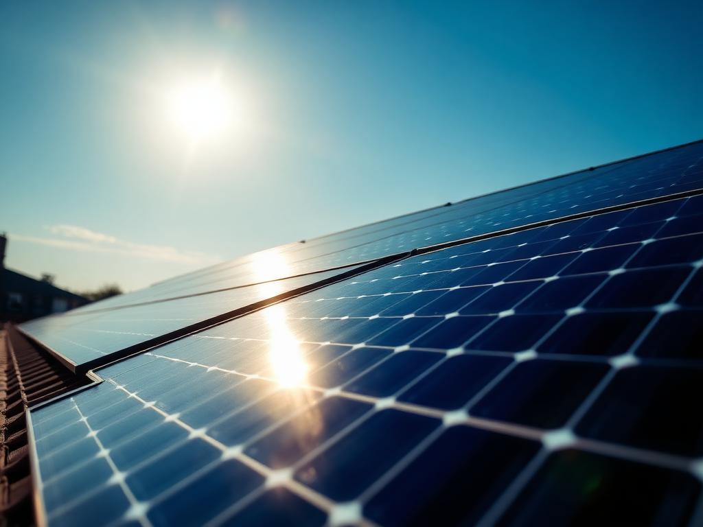 Painéis solares fotovoltaicos em telhado residencial sob sol forte